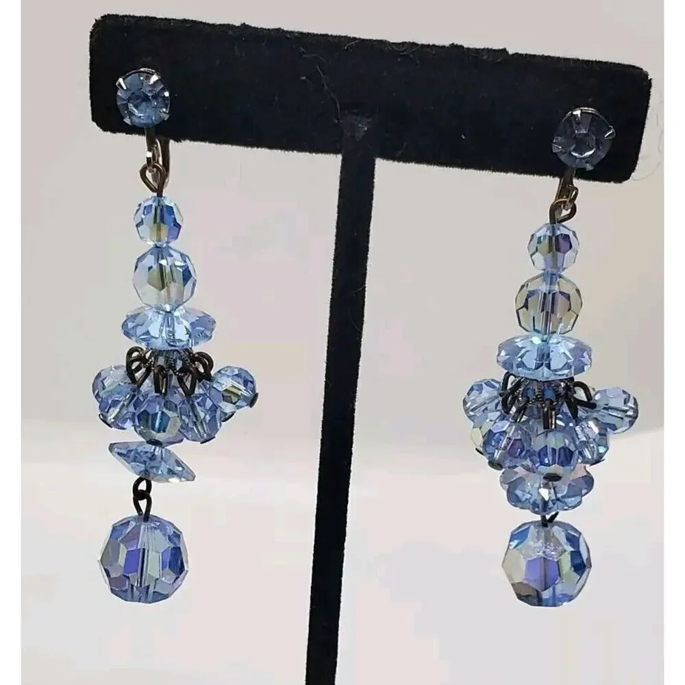 Vintage Earrings Blue Crystal & Rhinestone Dramatic Long Dangle Chacha Clip On